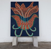 a blue and orange painting on a white wall