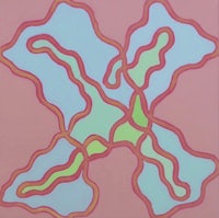 an abstract painting with pink, blue and green lines
