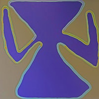 a painting with a blue and yellow background