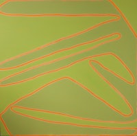 a painting with orange lines on a green background