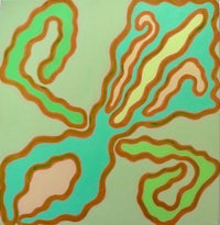 a painting with green, orange, and brown lines