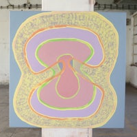 a painting with a pink, yellow, and green background