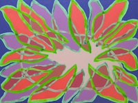 an abstract painting of a flower with purple and green leaves