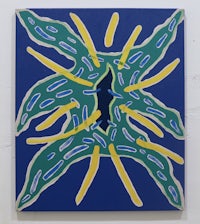 a blue and yellow painting on a wall