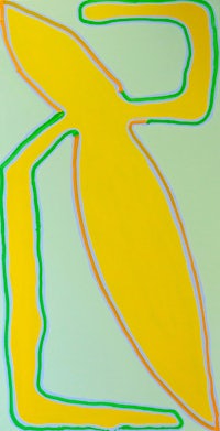 a painting with a yellow, green, and blue design