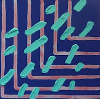 a painting with blue and red lines on a blue background