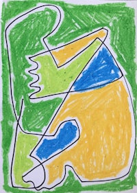 a drawing with a yellow, blue, and green background
