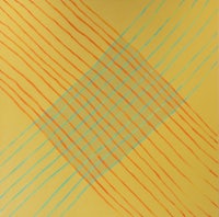 a painting with blue and yellow lines on a yellow background
