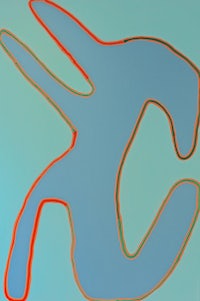 a blue and orange painting with a c in the middle