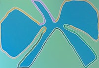 a painting of a blue and yellow butterfly on a green background