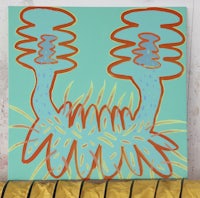 a blue and orange painting on a yellow background