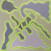 an abstract painting with green and grey shapes