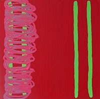 a painting with red and green lines on a red background