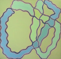 a painting with blue and green lines on a yellow background