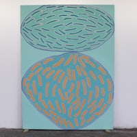 a blue and orange painting on a wall