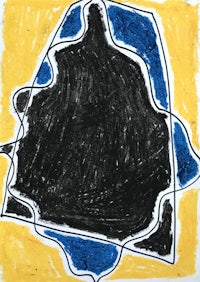 a black and blue drawing with a yellow background